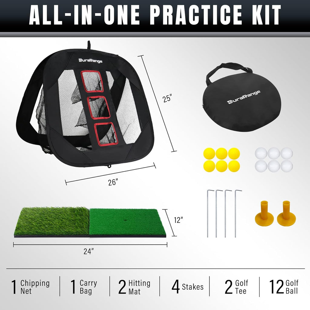 Pop-Up Golf Chipping Net Set Foldable Training Kit with 2 Hitting Mats