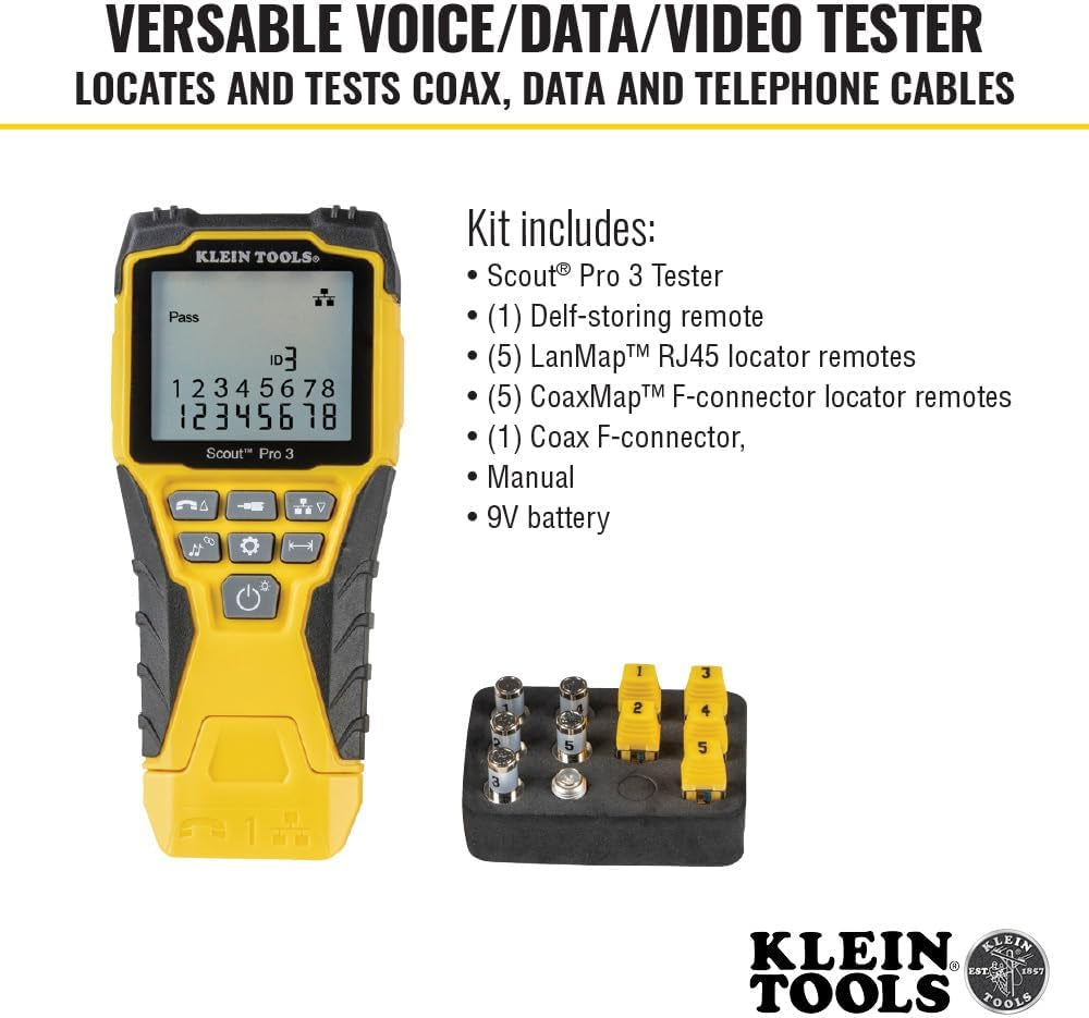 VDV501-851 Cable Tester Kit with Scout Pro 3 for Ethernet / Data, Coax / Video and Phone Cables, 5 Locator Remotes, Yellow